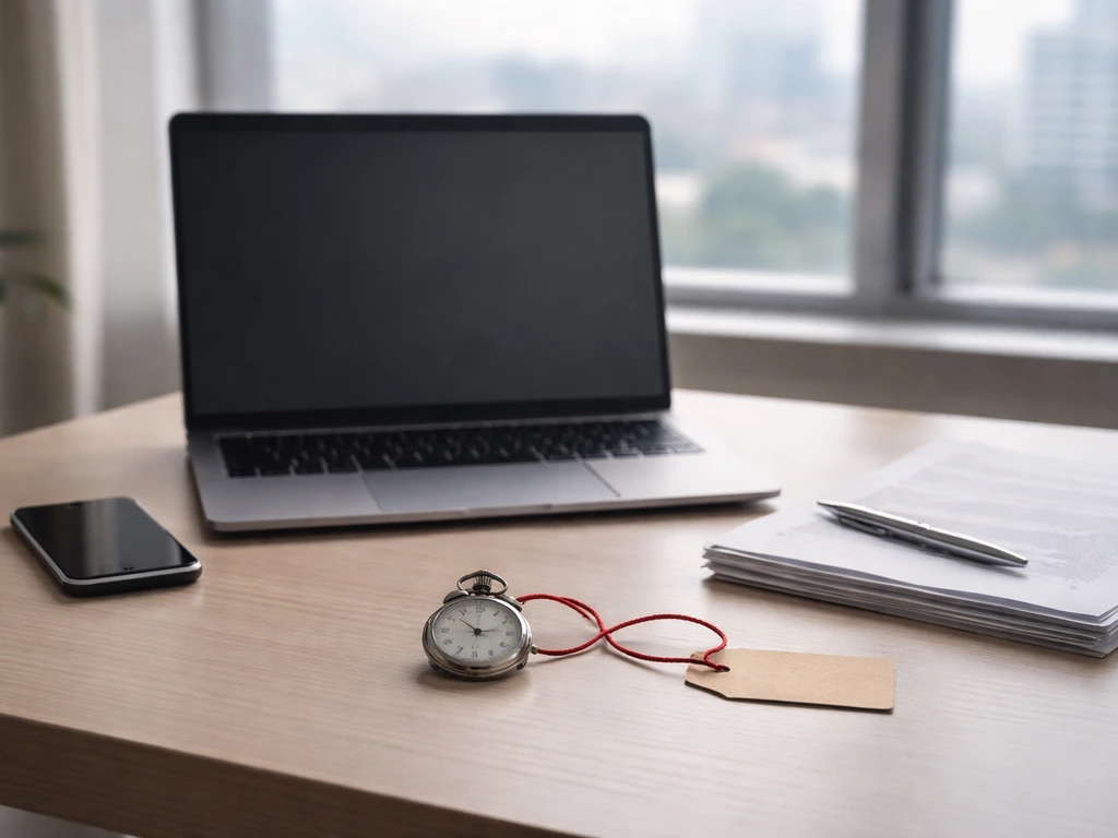 Minimal desk scene with a laptop, smartphone, and scattered documents suggesting career and financial milestones