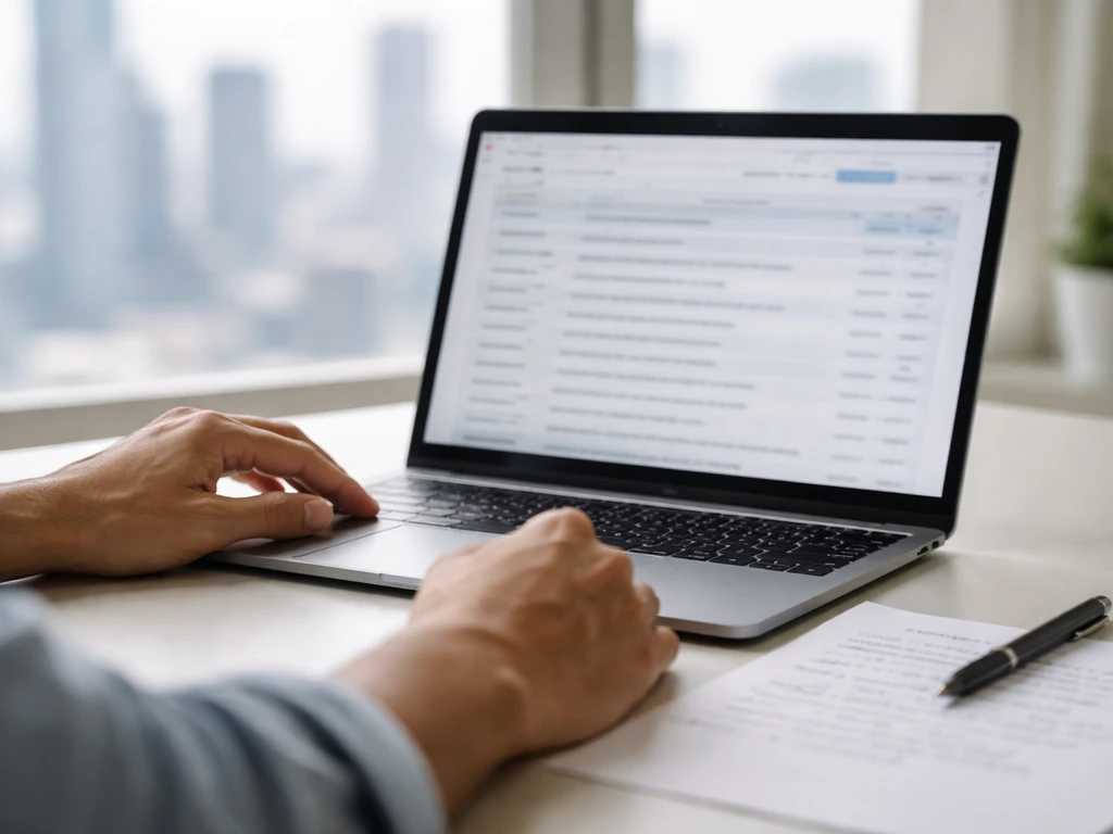 Person using a laptop to research company filings on a finance-focused website, with paperwork nearby.
