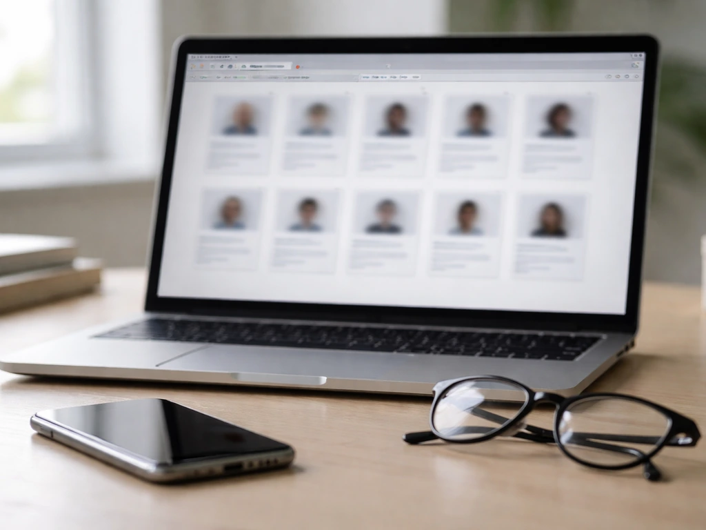 Minimal office desk scene with blurred laptop tabs suggesting online identity disambiguation.