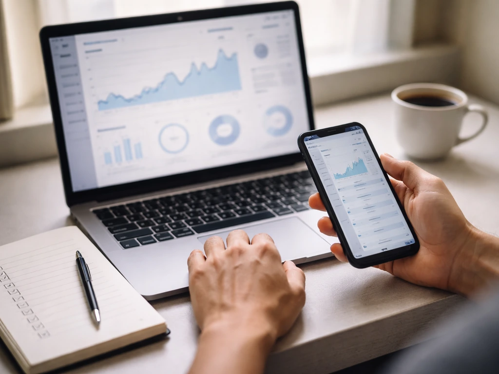 Hand holding phone while reviewing social analytics on a laptop and marking an evidence checklist beside it.