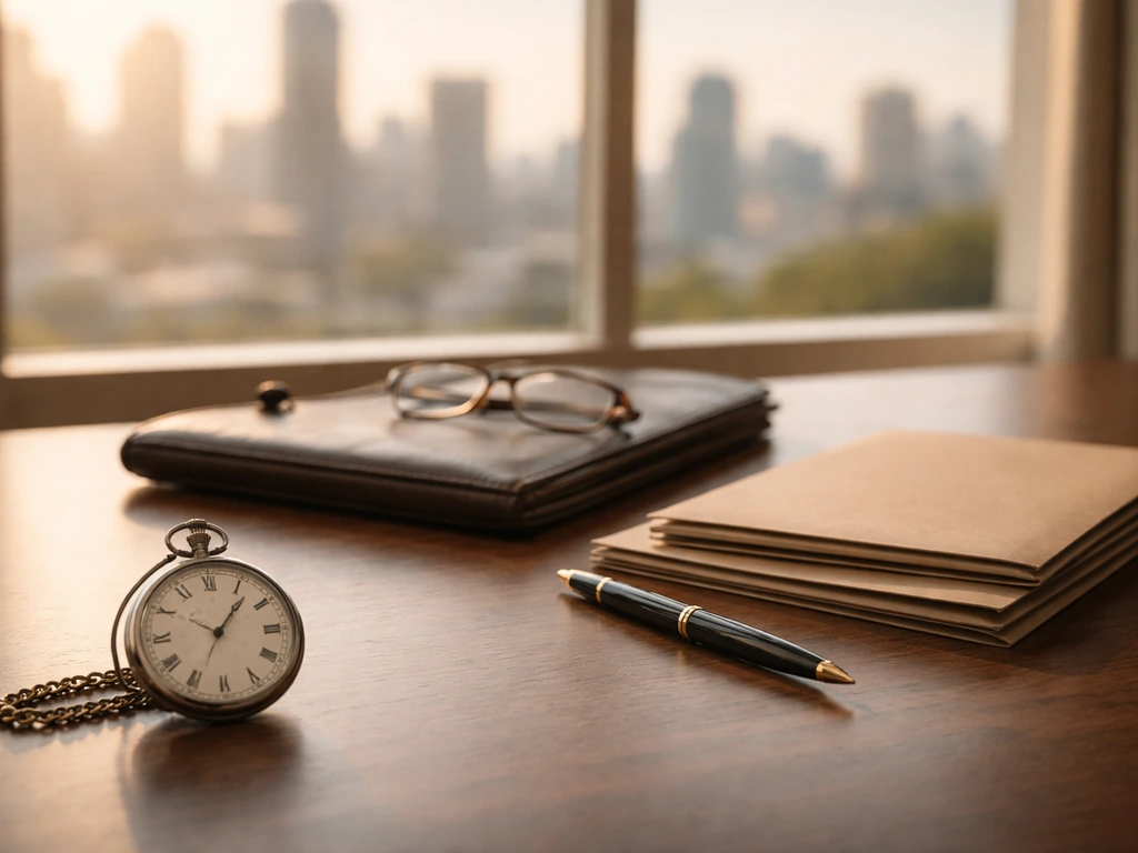 Minimal desk scene with a pocket watch, portfolio, pen, and unmarked folders suggesting a timeline of wealth.