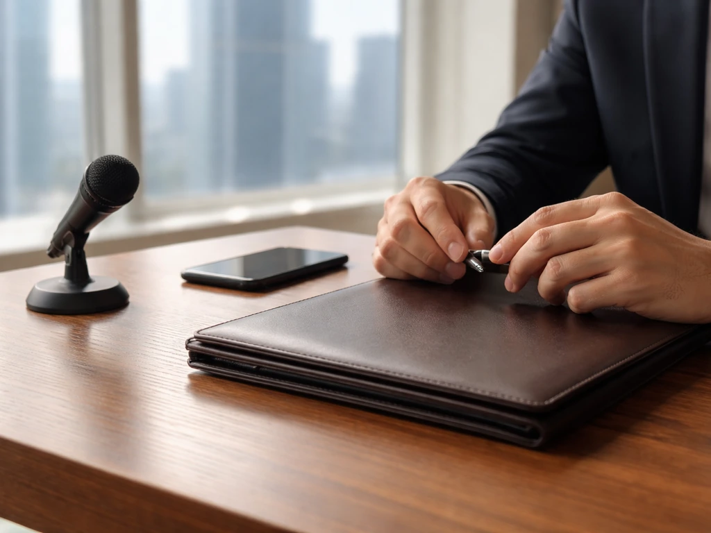 Minimal finance desk scene with leather portfolio, microphone, and city office window backdrop.