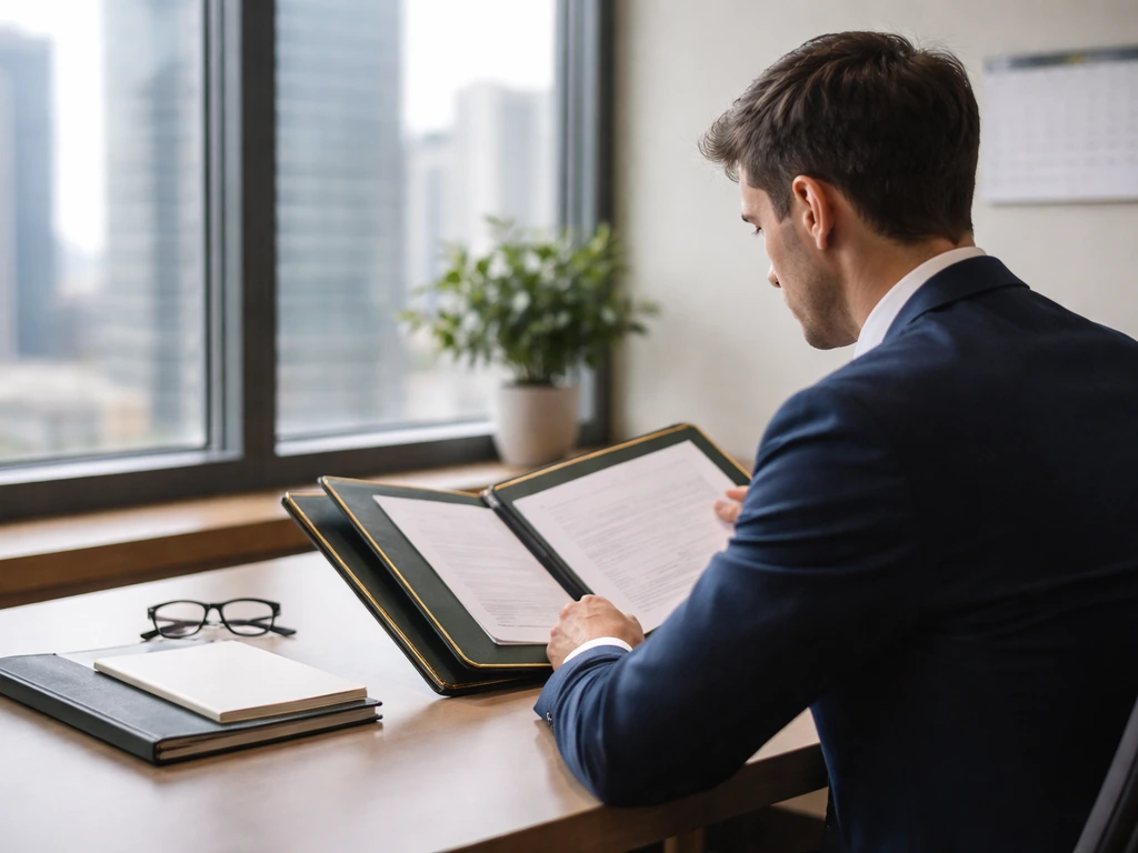 Anonymous finance professional at a desk in a modern office with city buildings blurred behind.