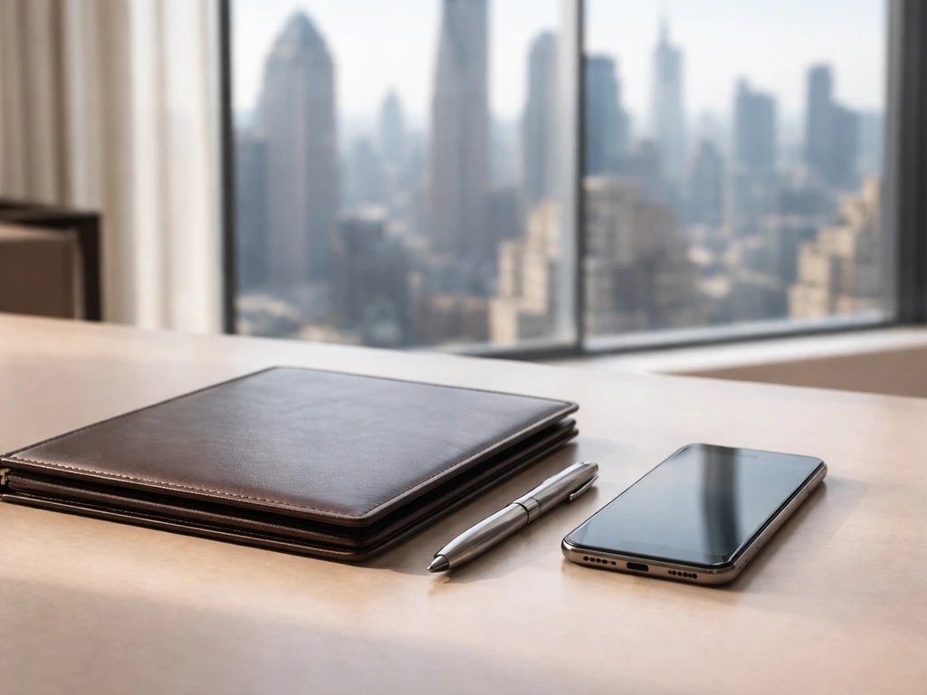 Empty luxury office desk with city skyline view, symbolizing wealth and net worth analysis.