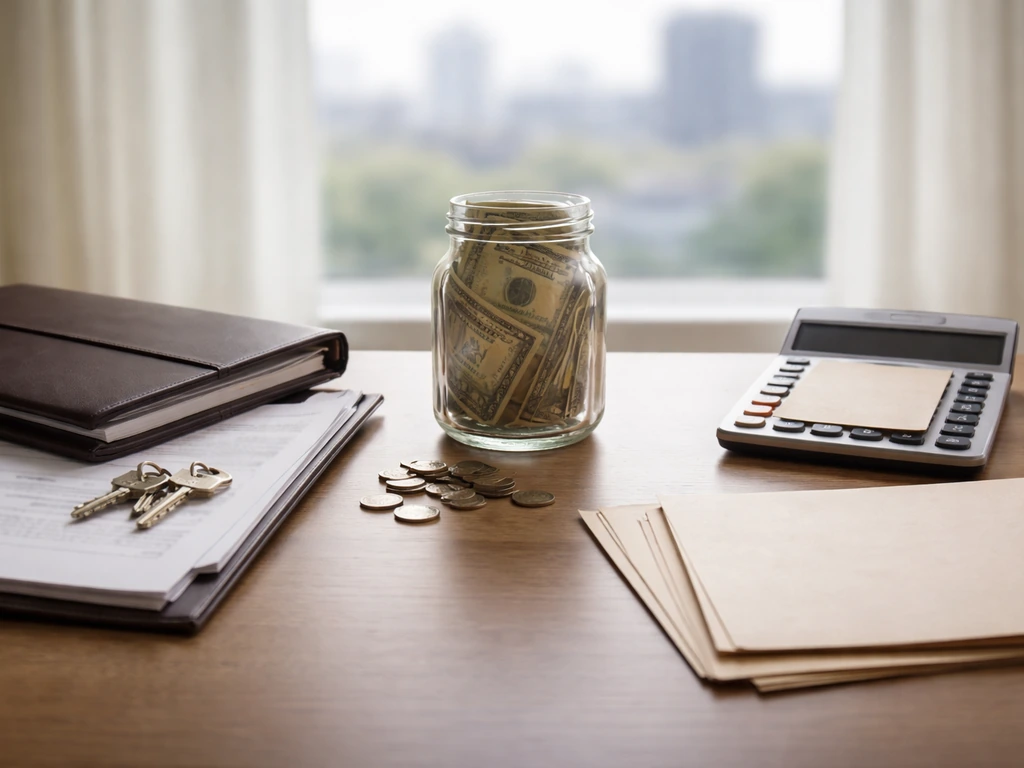 Minimal desk scene with coins, key, documents, and an envelope suggesting assets versus liabilities.