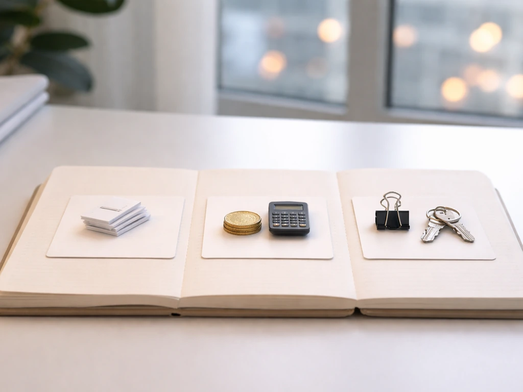Minimal desk photo with notebook and three blank cards plus coin, calculator, and documents representing a 3-step estima