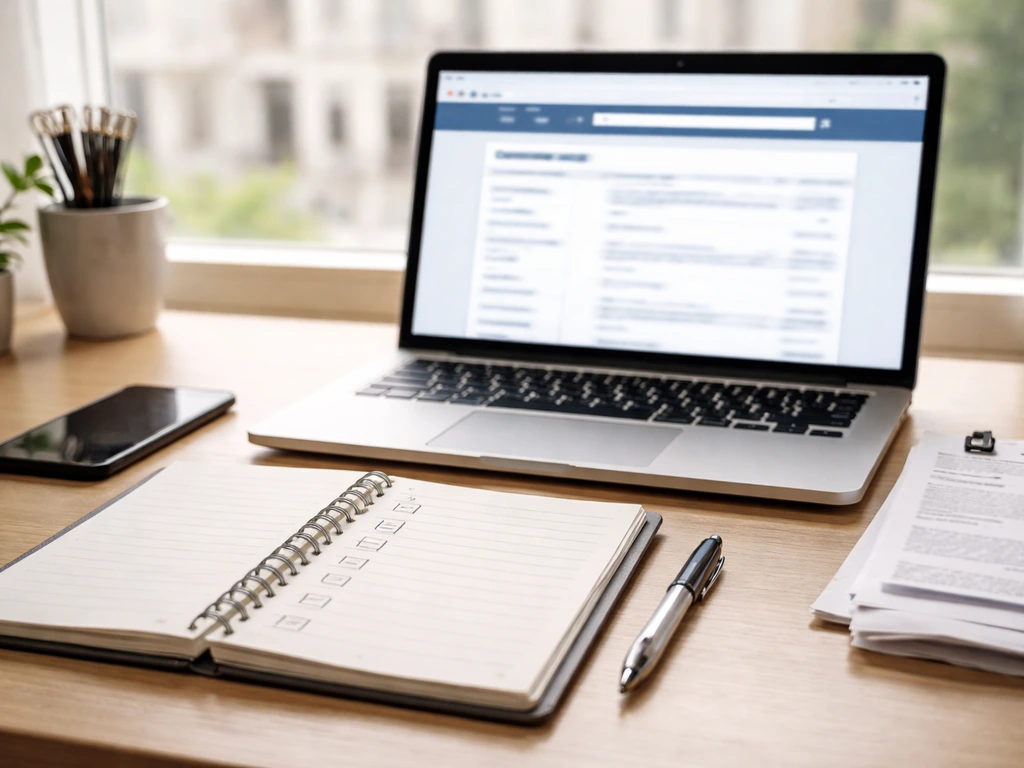 Minimal office desk scene with laptop showing a generic government records search, plus a checklist notebook