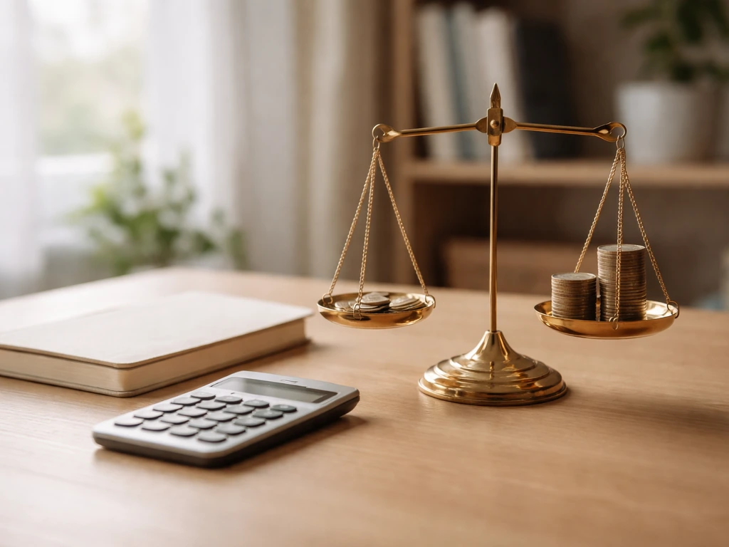An empty desk with a closed notebook, coins, and a calculator beside a simple balance scale symbolizing a net worth rang