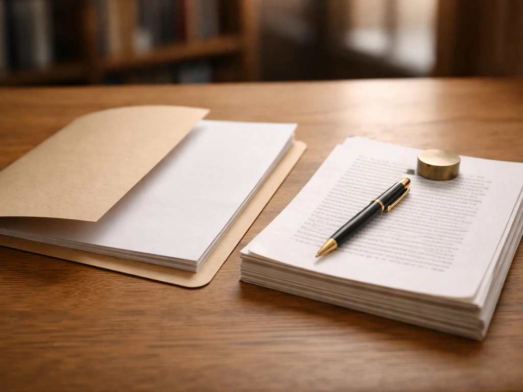 Close-up of a writer’s contract folder with a small stack of book pages on a desk, symbolizing publishing advances.