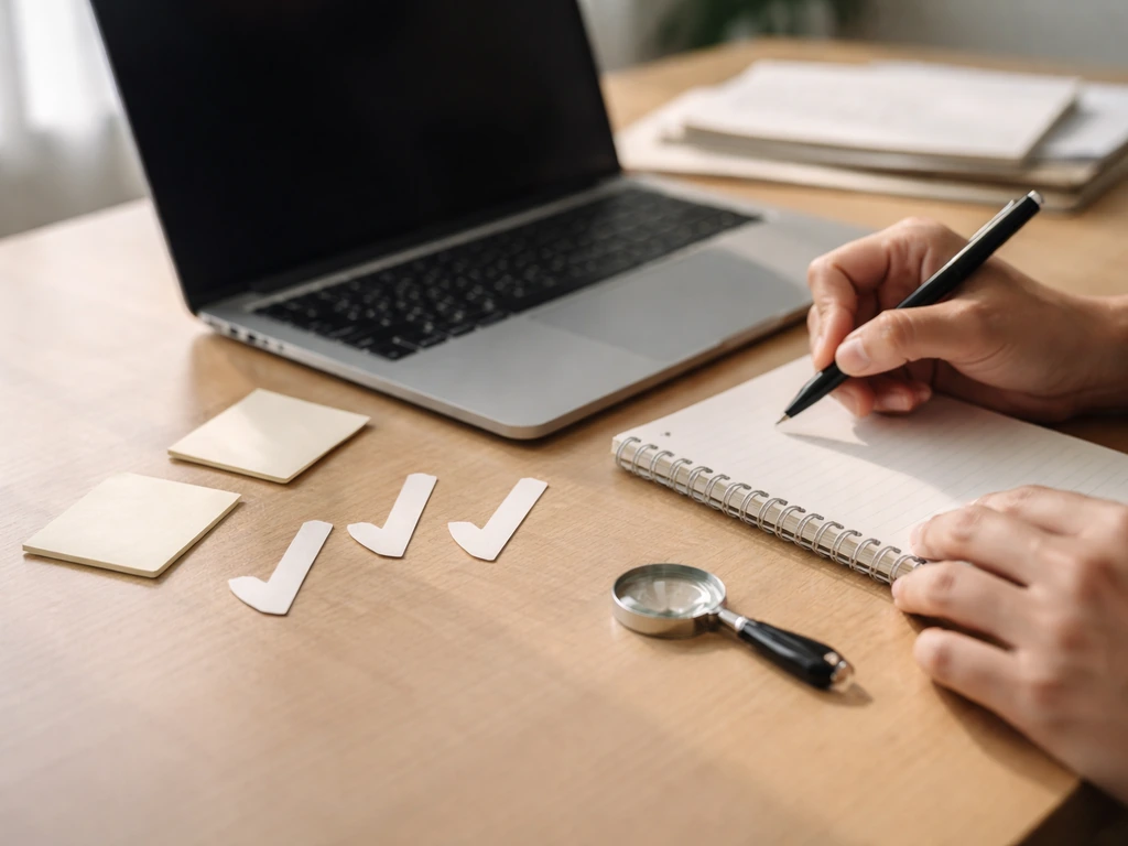 Person at a tidy desk using laptop to research media deals and court records with sticky notes