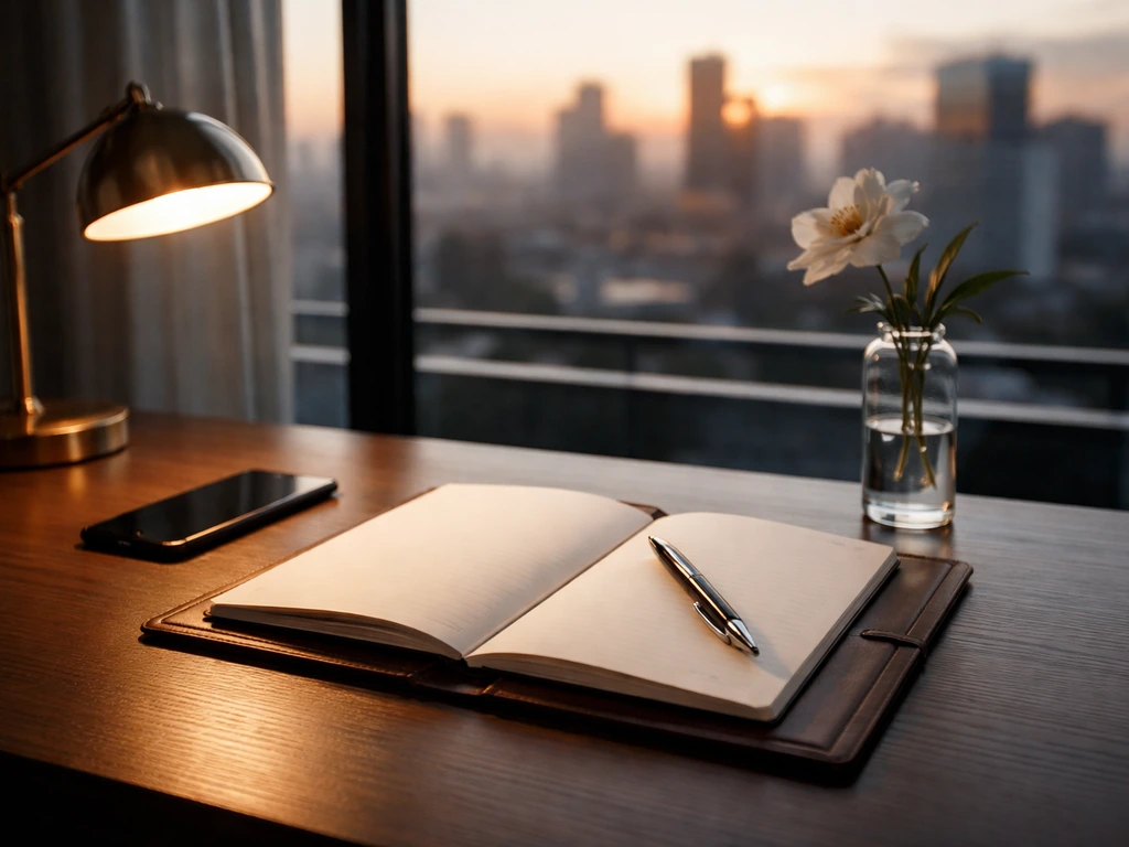 Minimal modern office desk with warm light and blurred city skyline, symbolizing wealth and business analysis.