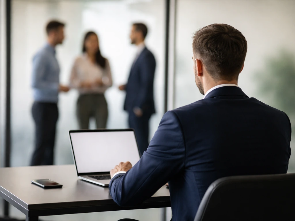 Anonymous business executive at a desk in a modern office with a few blurred coworkers nearby.