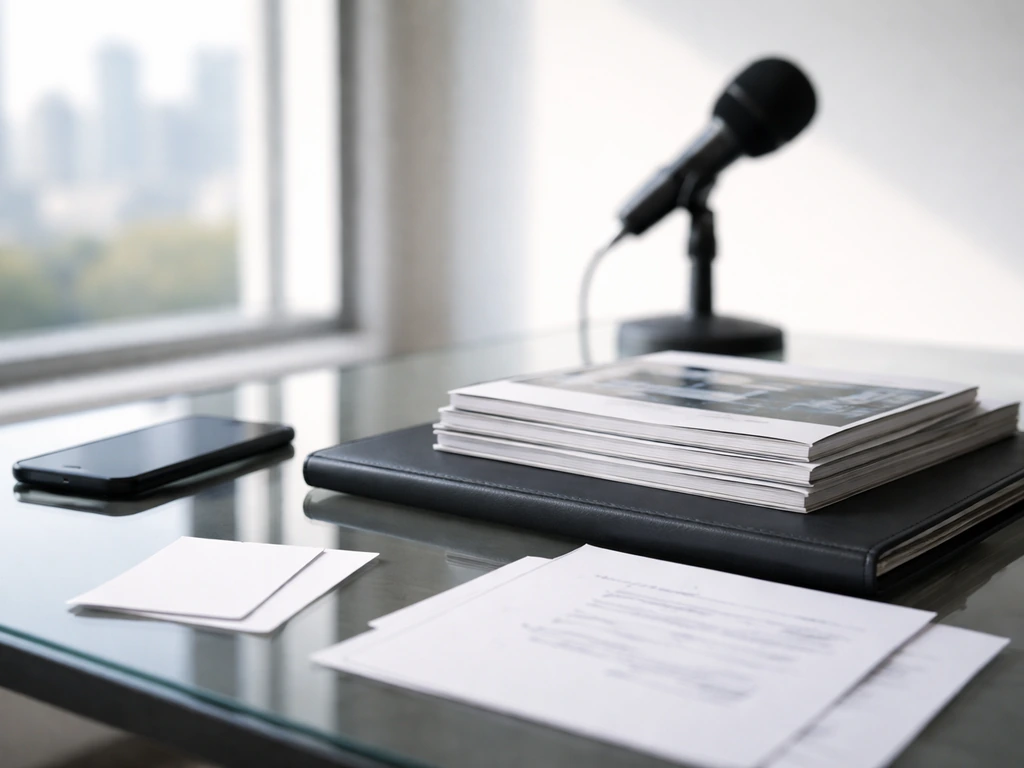 Minimal office desk scene with business magazines, a microphone, and money-related media cues, no readable text.