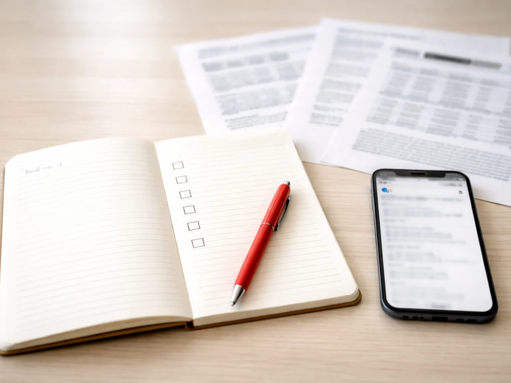 Minimal desk scene with blurred search screen, papers like financial statements, and a checklist notebook.