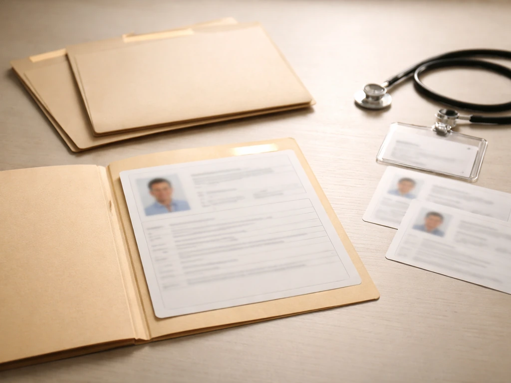 Minimal collage of blurred medical and finance documents with highlighted folder, suggesting identity verification