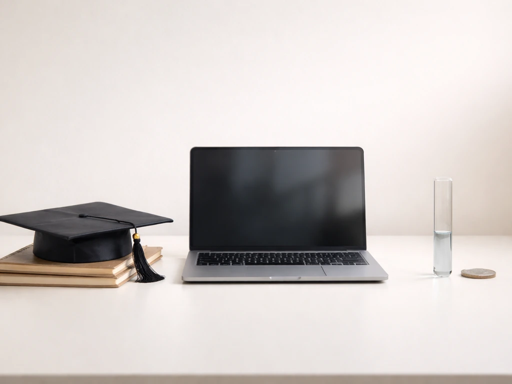 Desk scene with graduation cap, laptop, and test tube beside a coin suggesting career shift.