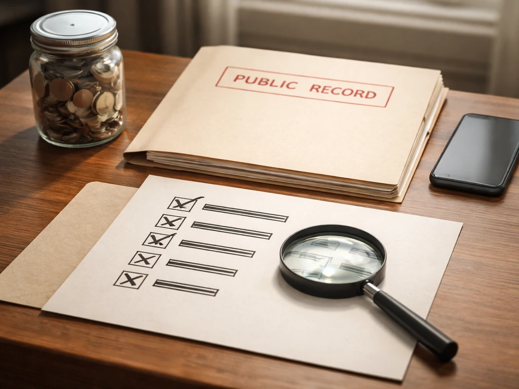 Desk with magnifying glass over blank evidence sheet with checkmarks and strength bars, no text.