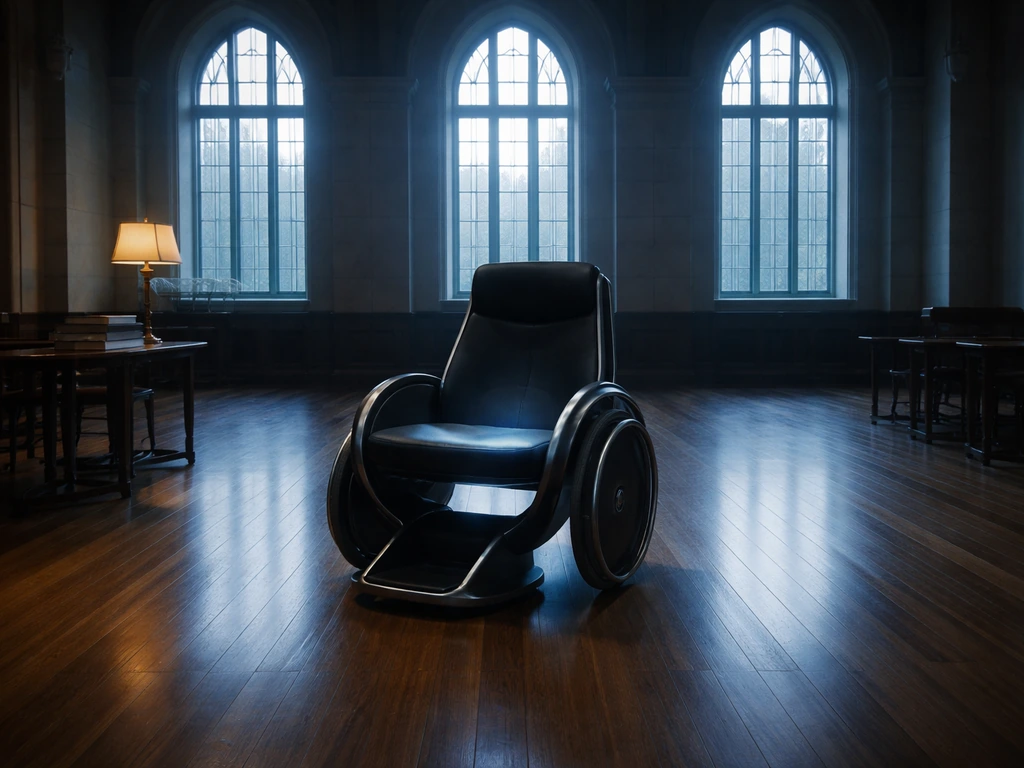 Empty lecture hall with a glowing blue chair silhouette and Xavier Institute–style windows, hinting at Professor X