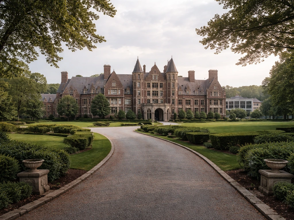 Westchester mansion grounds with driveway and visible school buildings in the distance