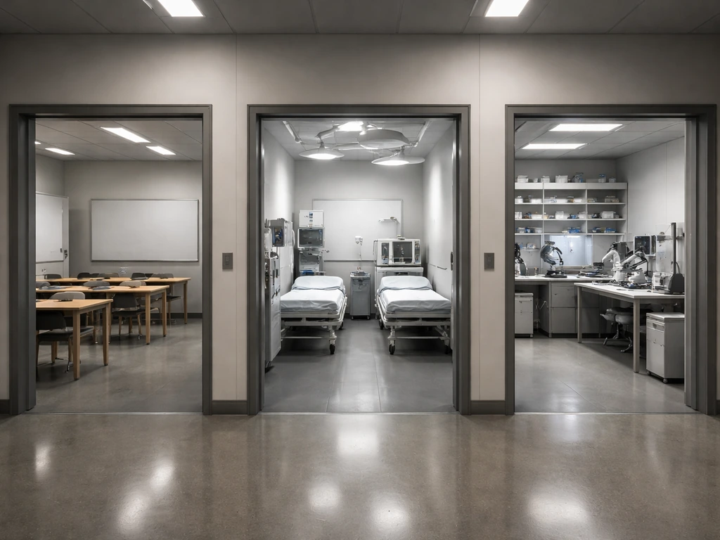 Institute interior showing three separate staff/resource areas: classroom, med bay, and research lab corridors