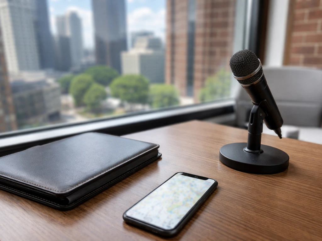 Anonymous finance desk with microphone and blurred city-window view suggesting a Pennsylvania headquarters context.