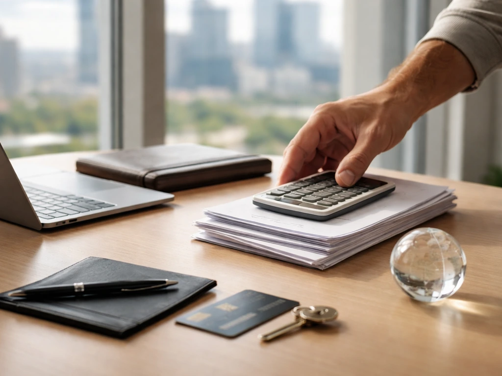 Anonymous desk setup with documents and calculator near a laptop, suggesting private net worth calculations.