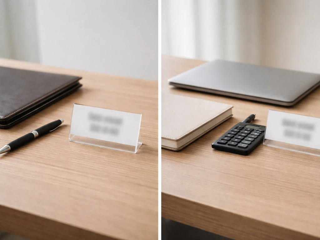 Two office desks with different name cards blurred, suggesting two different people being confused