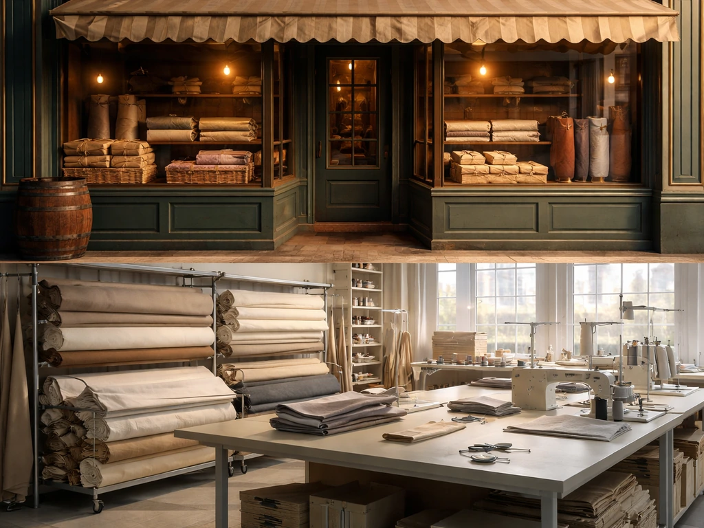 Vintage storefront and modern production floor suggesting a century-long family business growth.