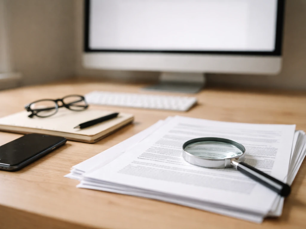 Desk with phone, notebook, magnifying glass, and printed papers for verifying public records and estimates.