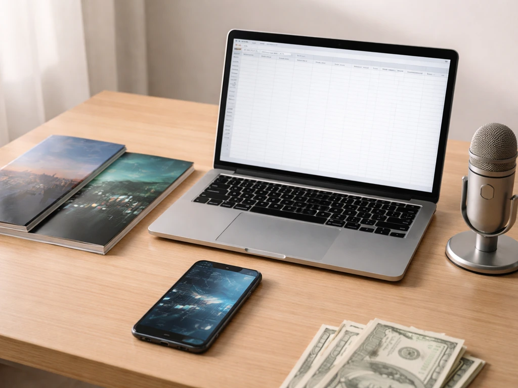 Minimal desk scene with laptop, magazines, phone, and money symbolizing financial source comparison.