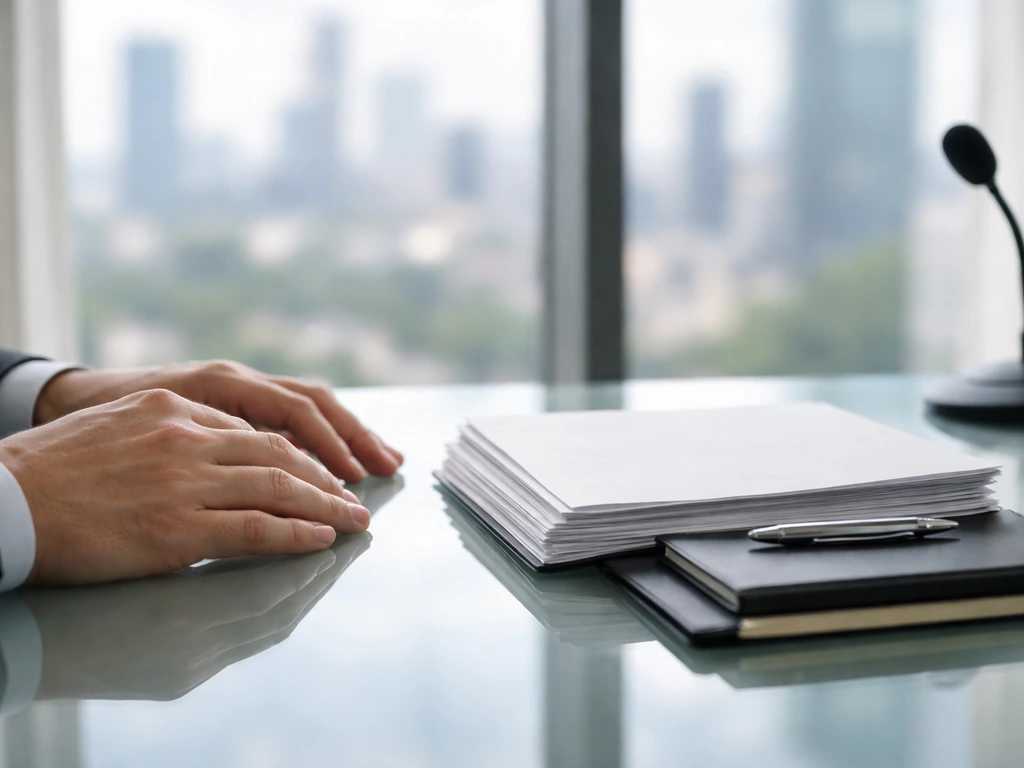 Close-up of a finance professional’s hands beside a glass office desk with business documents and a muted city view
