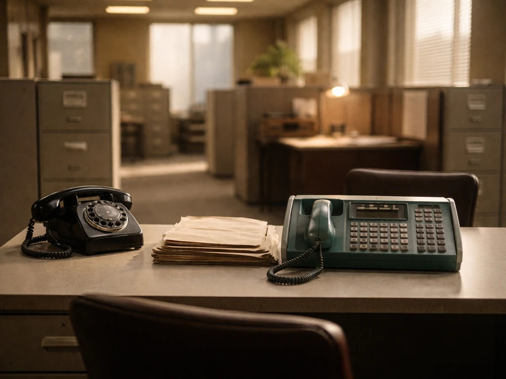 1971-style brokerage office with vintage telephones and early stock trading equipment in natural light
