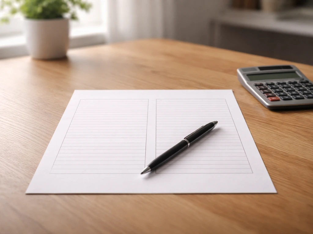 Minimal desk scene with a blank net worth worksheet page, pen, and calculator for tracking finances