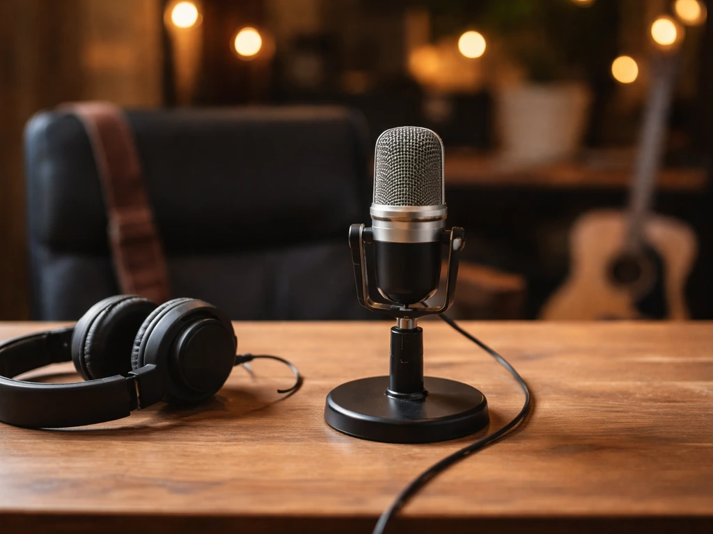Minimal photo of a country music studio microphone and desk accessories suggesting a public-profile music career