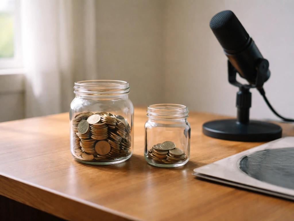 Coins in two glass jars on a desk beside a microphone, symbolizing band vs solo earnings.