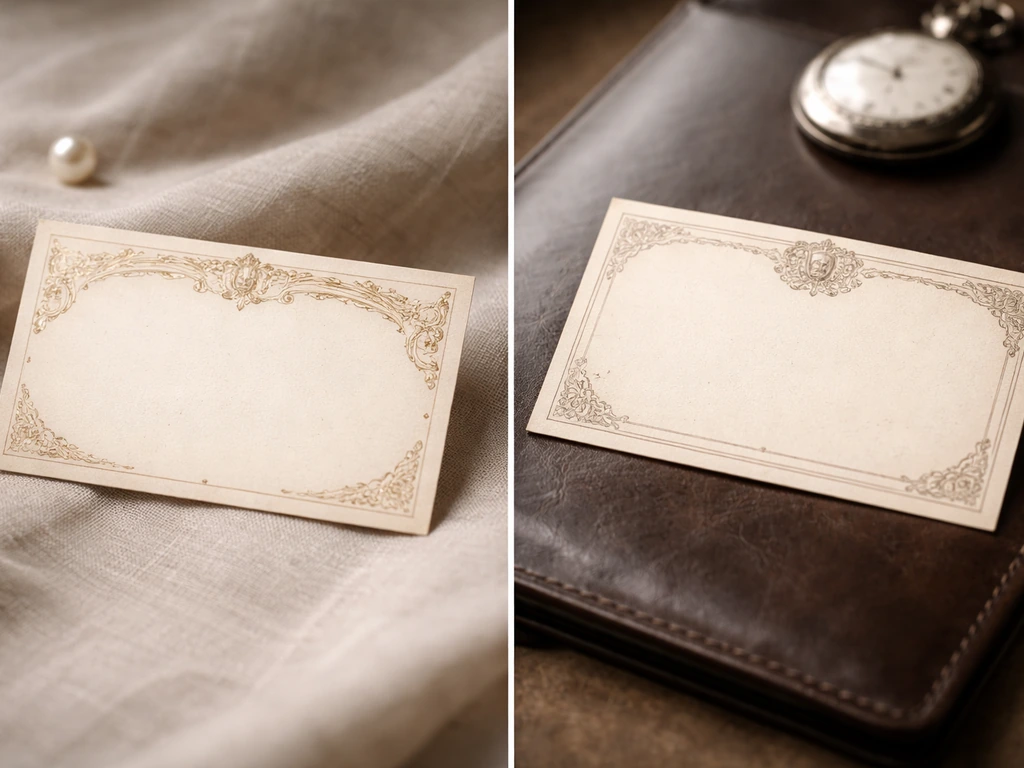 Two contrasting vintage namecards on a neutral desk, split-screen style to compare identities tied to “Charles de Gunzbu