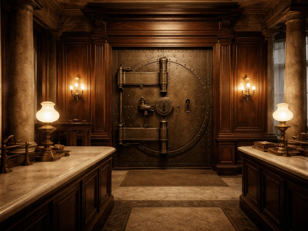 Archival-style scene of an old European bank office with ornate vault doors and oil lamps