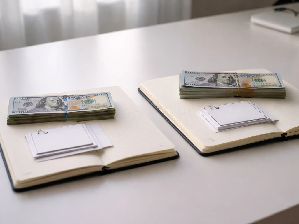 Two open notebooks on a desk with cash and blank documents to imply differing asset inclusion.