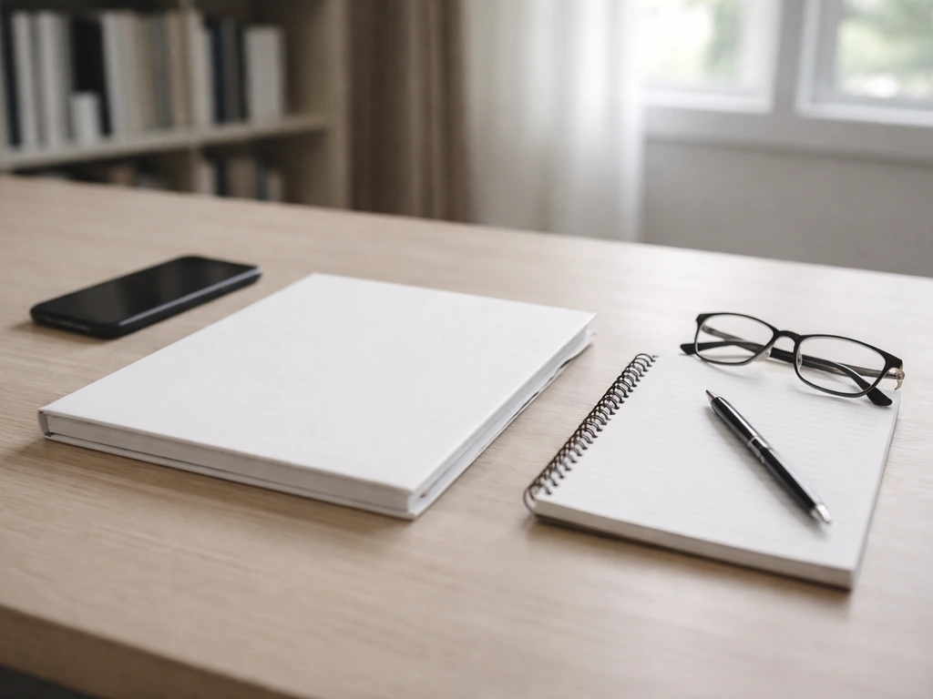 Minimal desk scene with blank financial report folder, pen, and glasses for verifying estimates