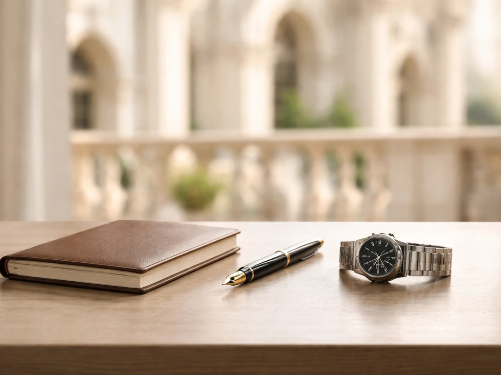 Minimal close-up of a luxury desk with a pen and watch, framed by blurred royal palace-style architecture