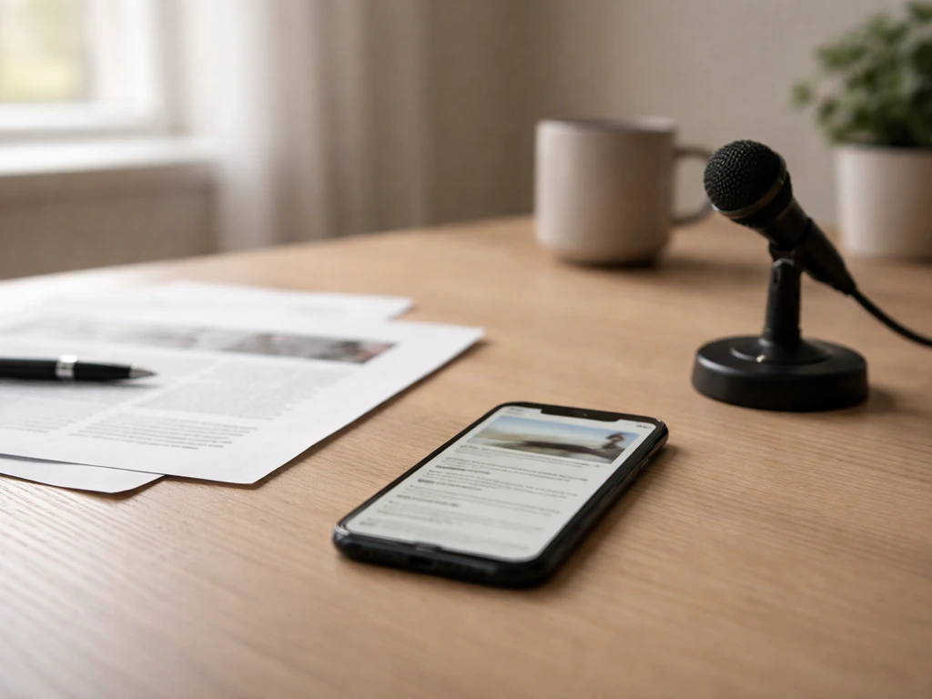 Minimal home office desk with a blurred news article on a phone, symbolizing a reliable wealth data source.
