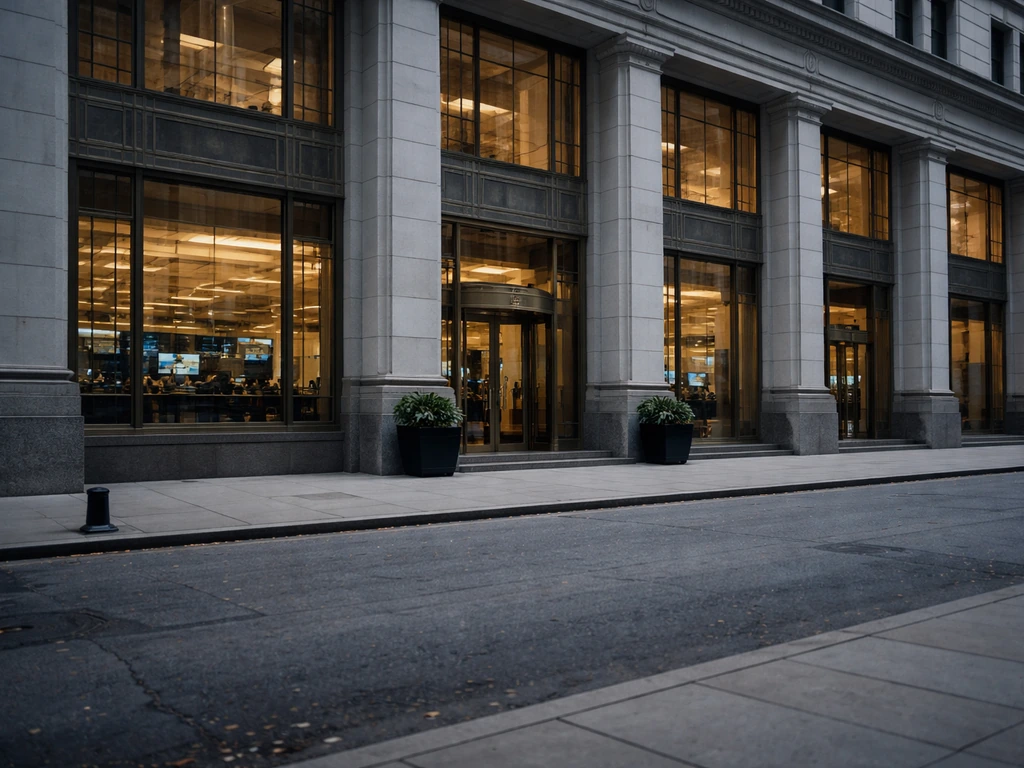 Street-level exterior of a Wall Street financial building, conveying a finance career without portraits.
