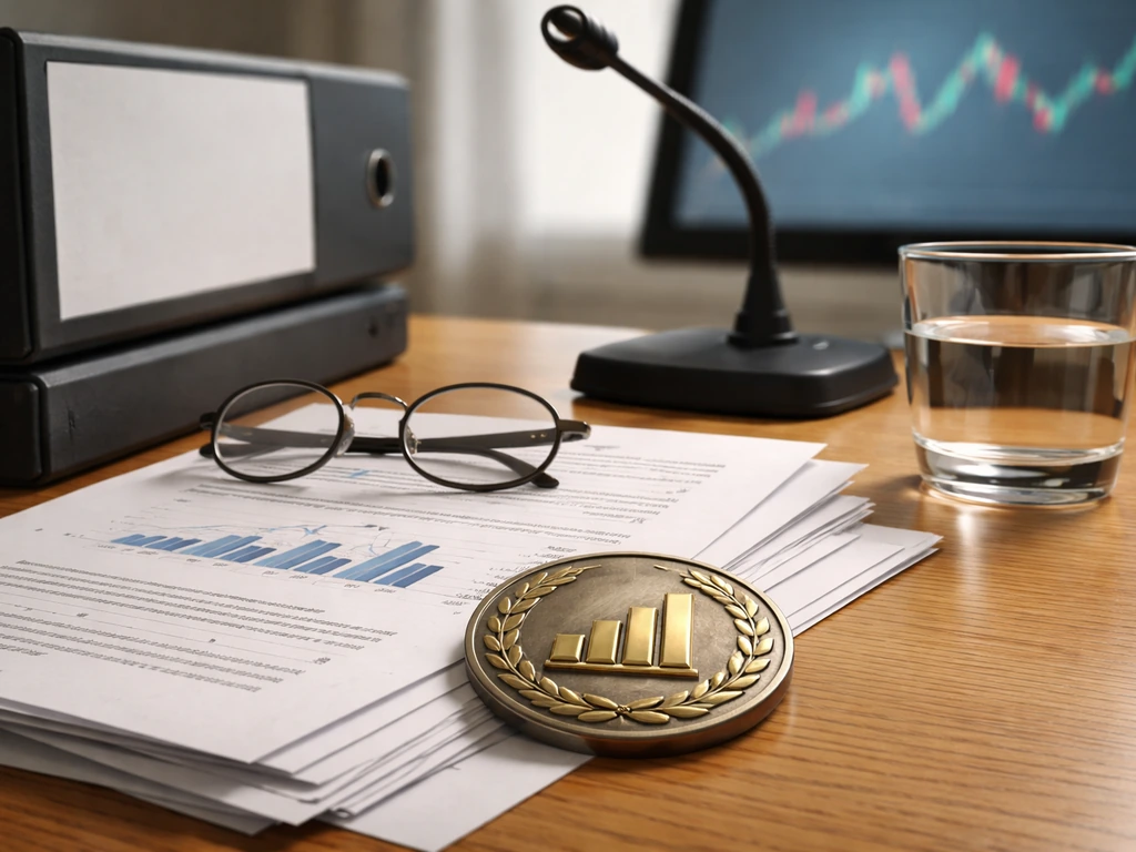 Close-up of SEC-style paperwork on a desk with symbolic share medallion and blurred trading screen