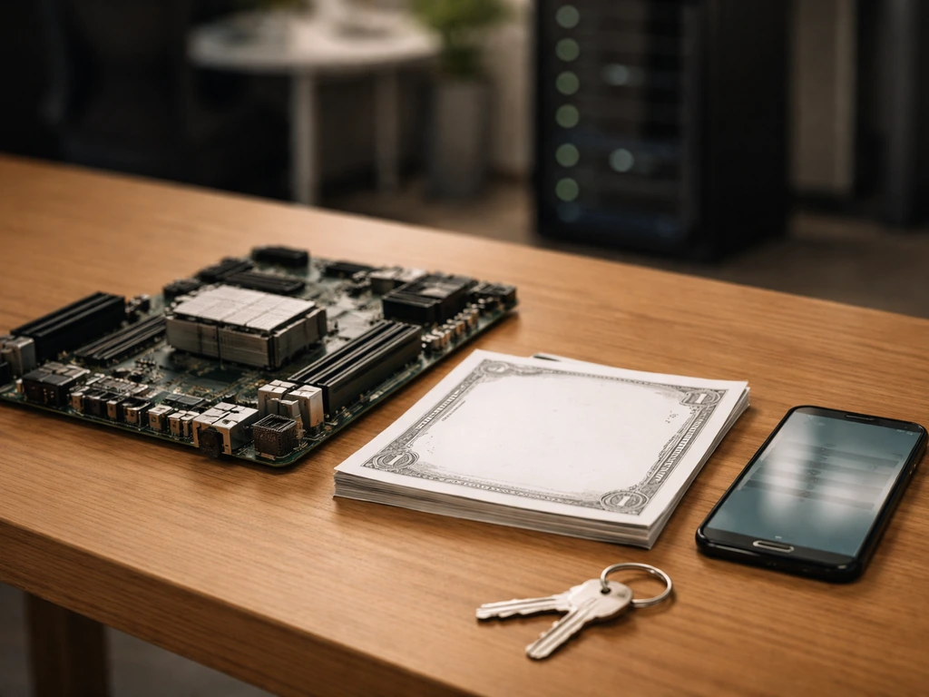 Server hardware and ownership symbols on a desk in a minimal tech office, representing founder equity growth.