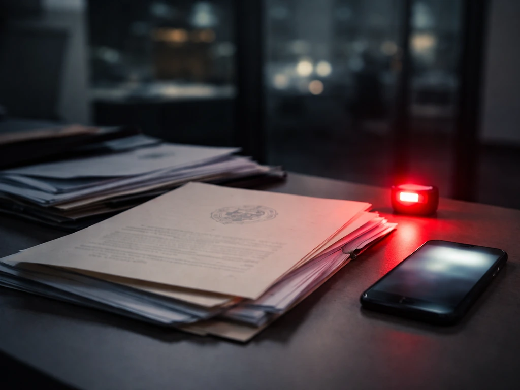 Minimal desk scene showing delayed filing and volatile finance mood with scattered documents and a muted red indicator.