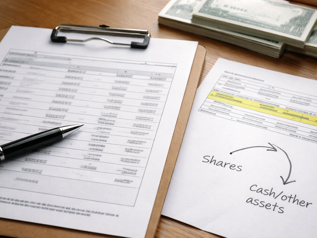 Close-up of blank Form 4–style transaction papers with pen, arrow on paper, shares and cash on desk.
