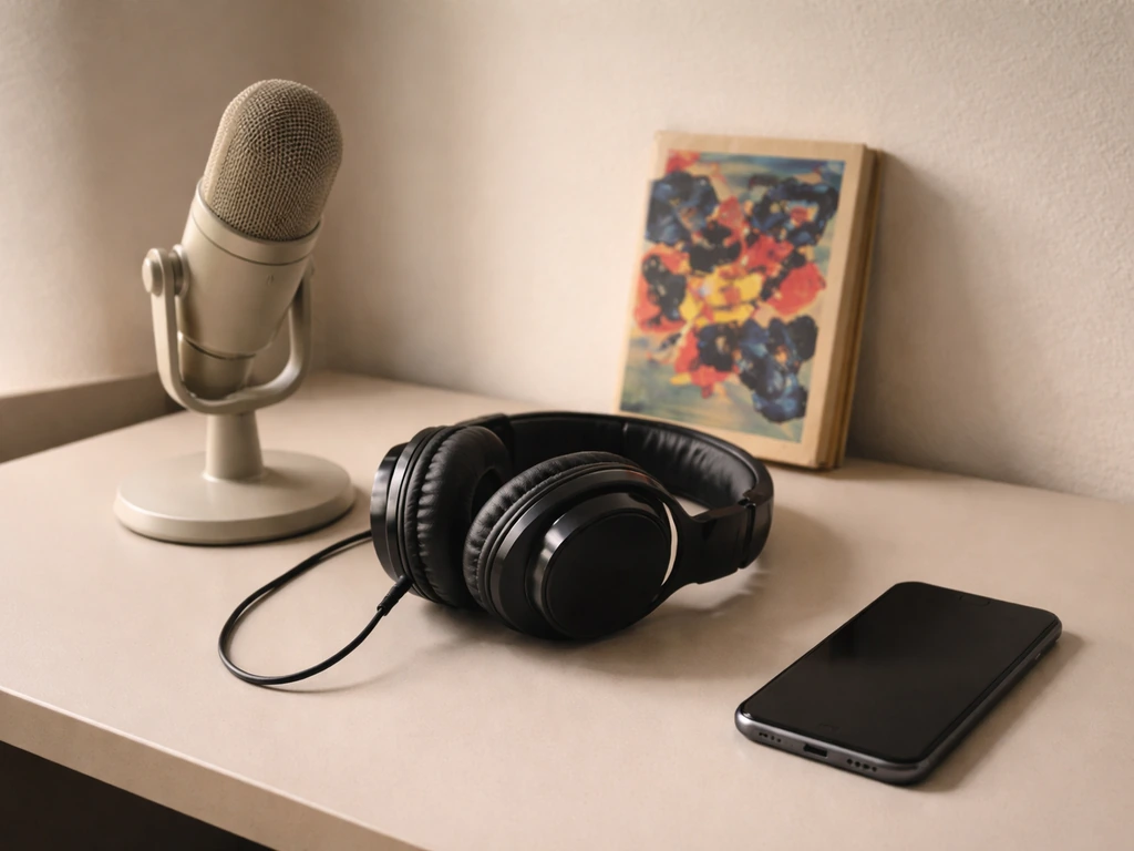 Minimal studio desk with microphone, headphones, and a retro pop-culture book for identity disambiguation.