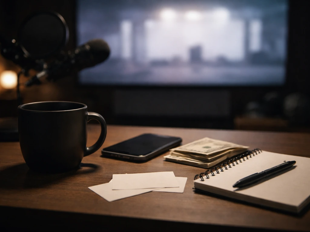 Minimal studio desk scene with a blurred stage screen glow and cash-like props suggesting an estimate range