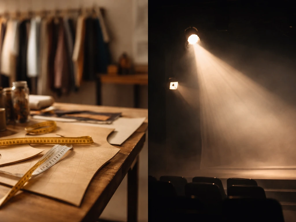 Minimal montage-style photo showing fashion materials and a stage projector beam, symbolizing a career shift.