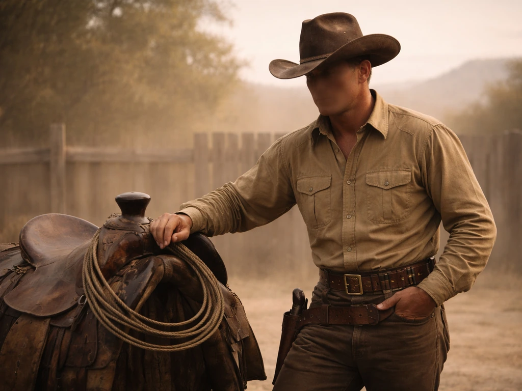 Vintage Golden Age cowboy actor in dusty hat and worn leather saddle blanket on a studio ranch backdrop